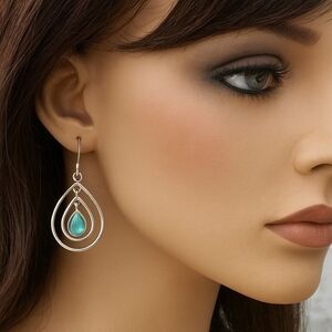 Croft & Barrow Silver-Tone Double Hoops Green Stone Fishhook Drop Earrings 1.5"